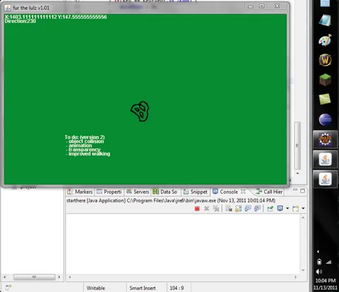 The earliest screenshot, November 13, 2011: a green test window with one sprite, beside the code