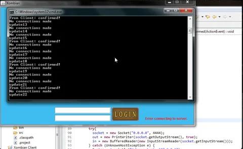 A June 2012 login screen, with a console printing connection attempts