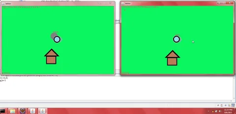 Two game windows side by side, testing multiplayer in August 2013