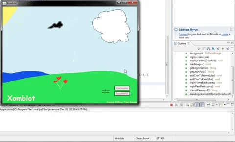 The December 2013 login screen, a hand-drawn hill and sky under the working name Xomblot