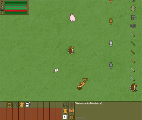The 2D game rebuilt on an HTML canvas: a pig, tools and players on grass, with the inventory below