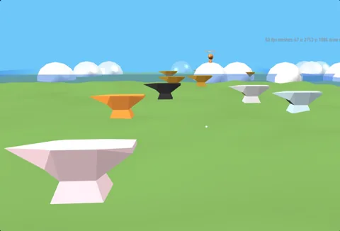 Anvils in the first 3D world, with white spheres standing in for models