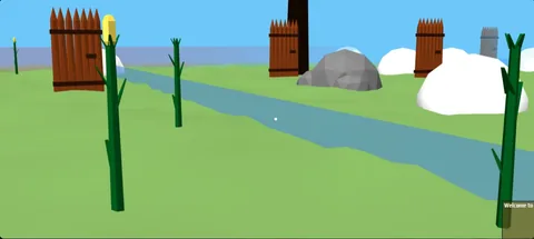 The first object models: log doors, bamboo and a boulder by a stream