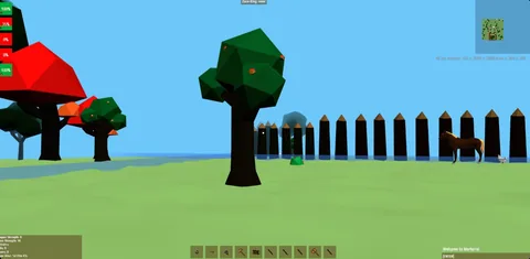 A low-poly tree beside a log wall