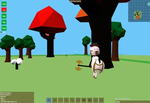 An armored player with an axe and shield under a red tree in the 3D alpha