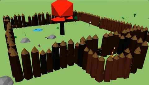 A base ringed with log spikes under a red tree