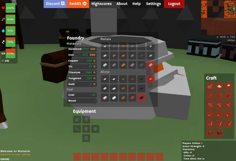 The foundry window, with ores, fuel and metal bars