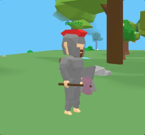 The 2020 player model in iron armor and a red-crested helmet, holding an axe