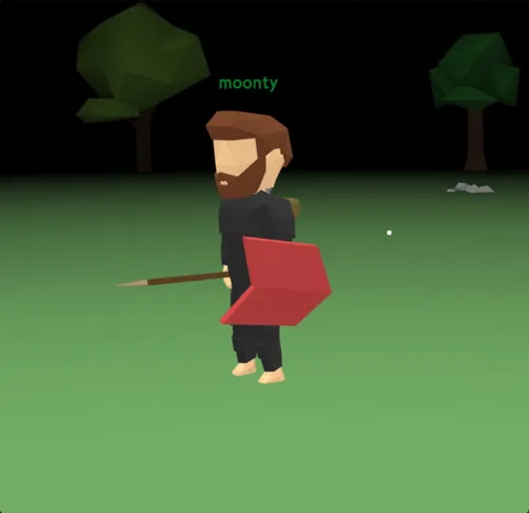 The 2020 player model at night with a spear and a red shield