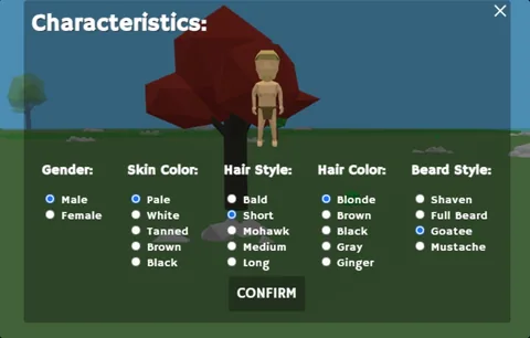 The character menu: gender, skin color, hair style, hair color and beard