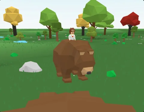 A brown bear in front of a player wearing a bear headdress