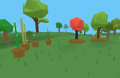 Bamboo, saplings and trees growing in pots