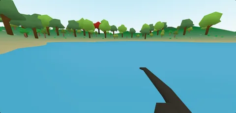 A lake seen from the shore, with a stone tool in hand