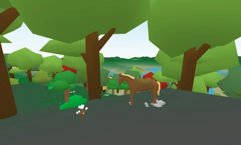 A saddled horse on a stone path under big trees
