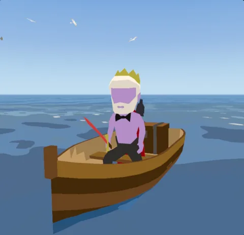 A crowned player rowing a wooden boat on the open sea in the Morterra 2 dev world