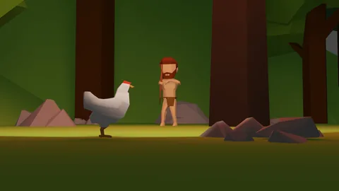 A player chasing a chicken through a dark forest