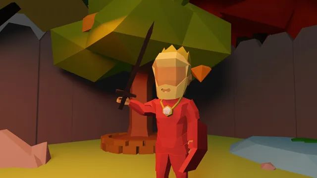 A player in red armor wearing a gold crown and holding a sword
