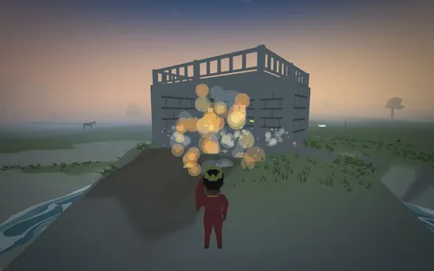 A crowned player watching dynamite go off against a stone base at sunset
